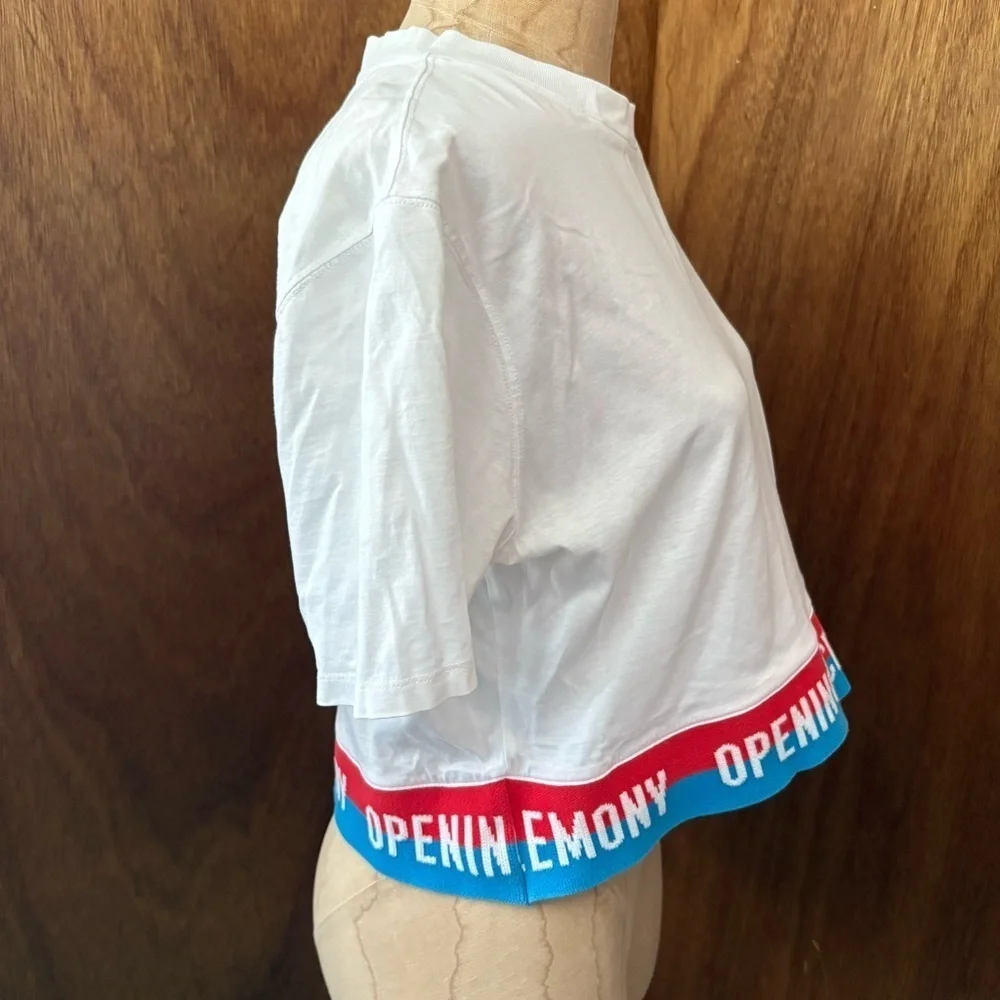 OPENING CEREMONY sz M White Crop Tee Top Short Sleeve Logo Band - Picture 3 of 8